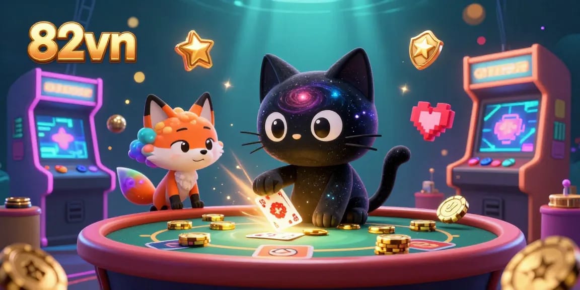 Engage with thrilling casino fun at 82vn, where a cosmic black hole cat and nebula fox join colorful game machines.