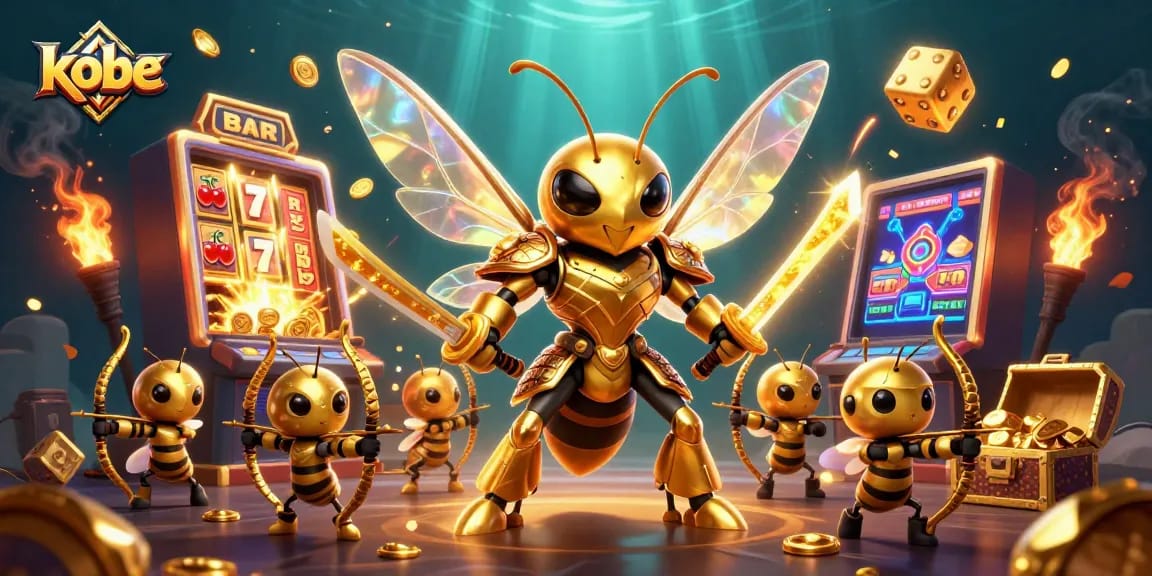 Kobe's vibrant 3D casino scene showcases a hornet samurai amidst slot machines and treasure chests