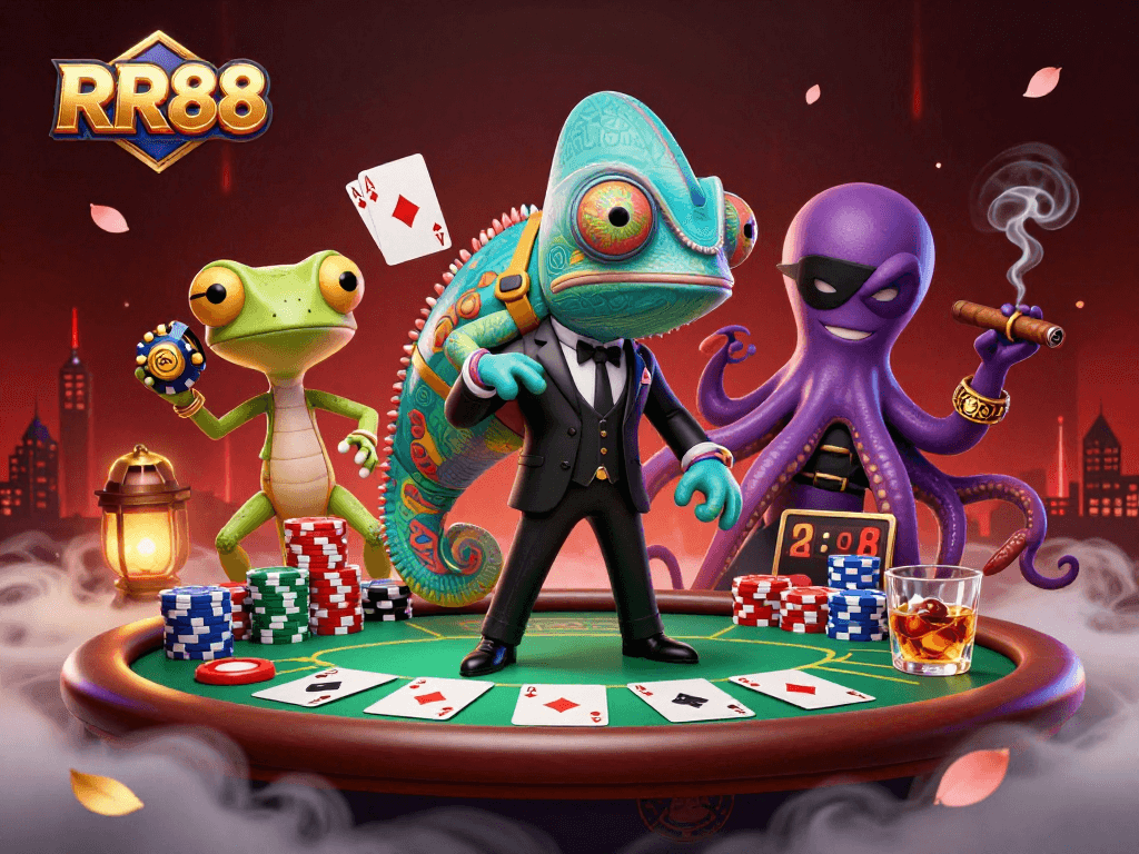 Join the excitement at RR88 with a vibrant casino scene featuring colorful poker elements and engaging characters.