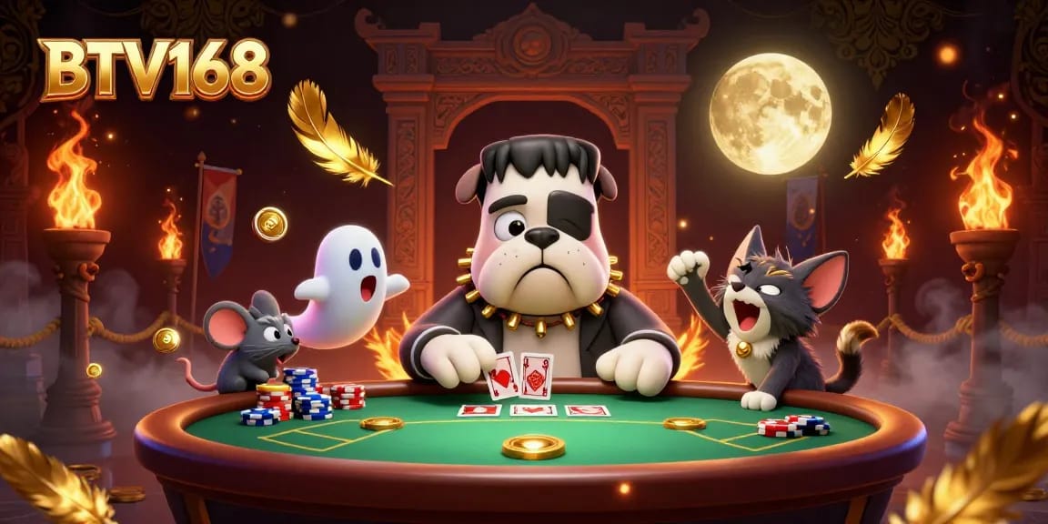 Engage in thrilling card games at BTV168 with vibrant characters and exciting casino atmosphere.