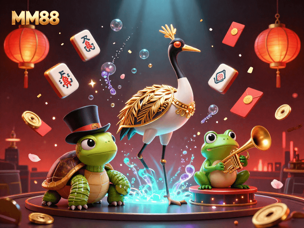 Experience MM88's vibrant online casino atmosphere with playful characters, colorful elements, and engaging game themes.