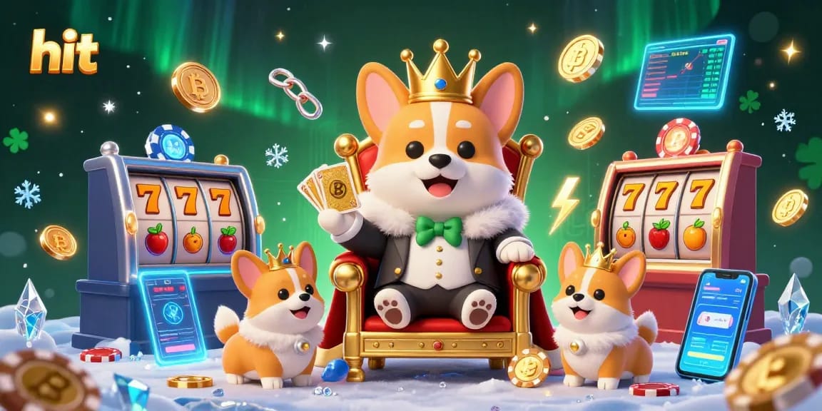 This lively hit casino illustration showcases a royal corgi surrounded by slot reels and golden coins, embodying fun and excitement.