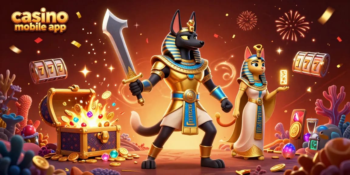 Jouez sur l'application mobile du casino avec des personnages égyptiens dans une scène colorée.