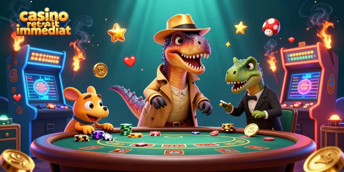 Profitez d'un casino retrait immédiat avec un velociraptor jouant aux cartes, entouré d'éléments de jeu.