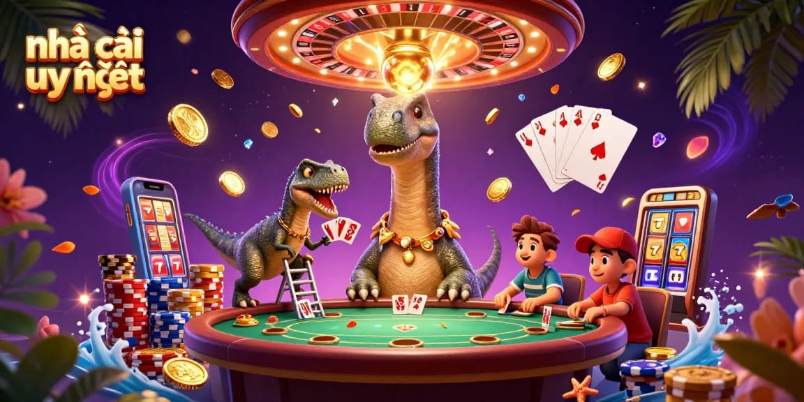 Experience the thrill of Nhà cái uy tín with a cartoon brontosaurus and clever raptor in a vibrant casino scene.