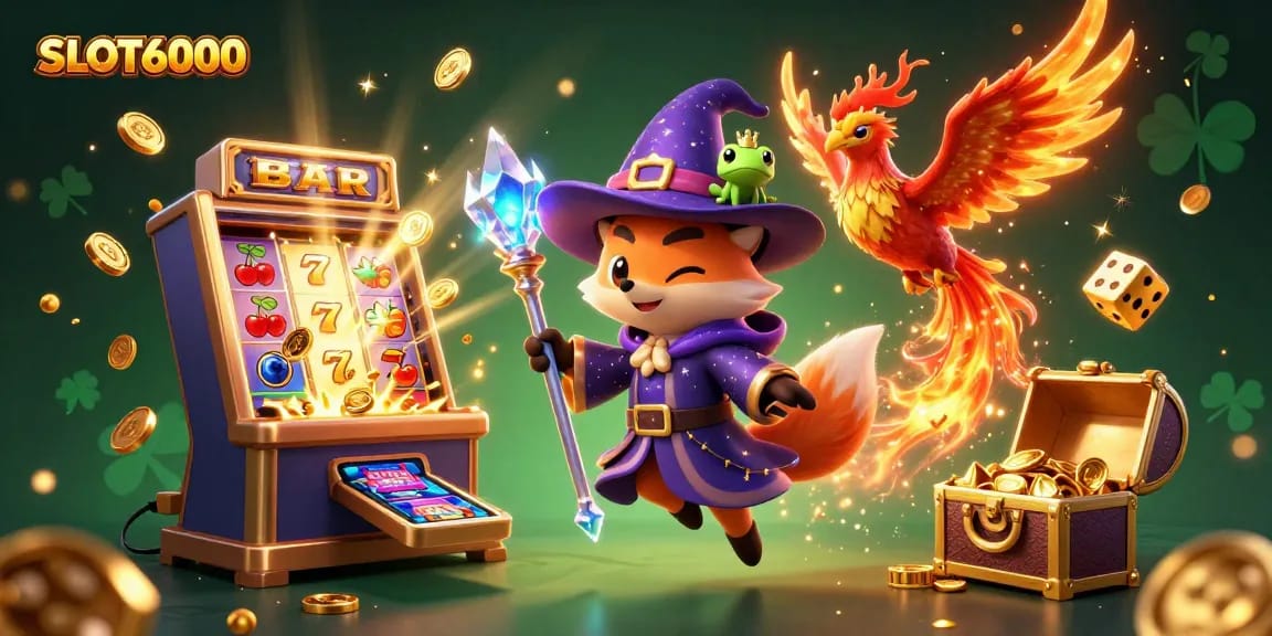 Engage in exciting gameplay at SLOT6000 with a thrilling illustration of dynamic characters and vibrant casino elements.