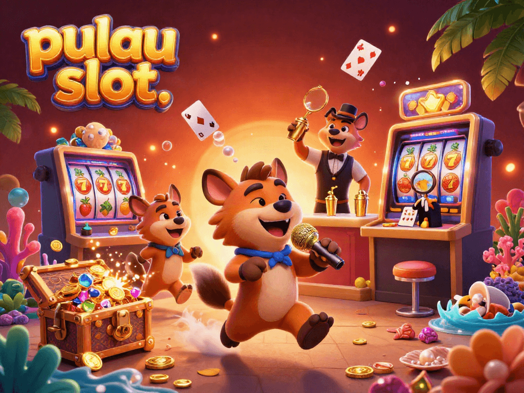 Engage in pulau slot fun at a lively casino club with hyenas, golden treasures, and vibrant gaming elements.