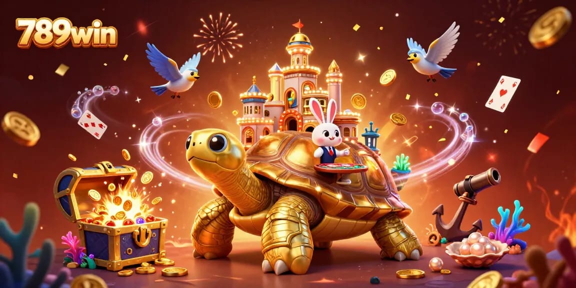Experience the exciting world of 789win with a vibrant casino-themed 3D illustration featuring a golden tortoise and playful game elements.