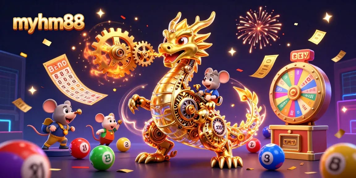 Experience excitement with myhm88 as a golden dragon breathes gears and vibrant lottery elements