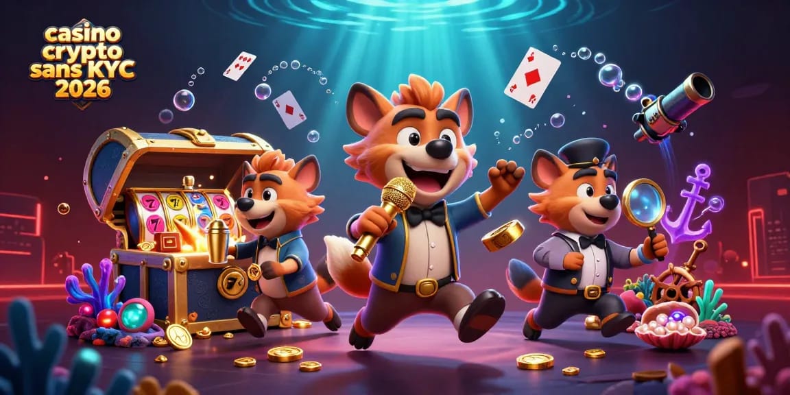Illustration dynamique de casino crypto sans KYC 2026 avec une scène animée de personnages et d'éléments de jeu.