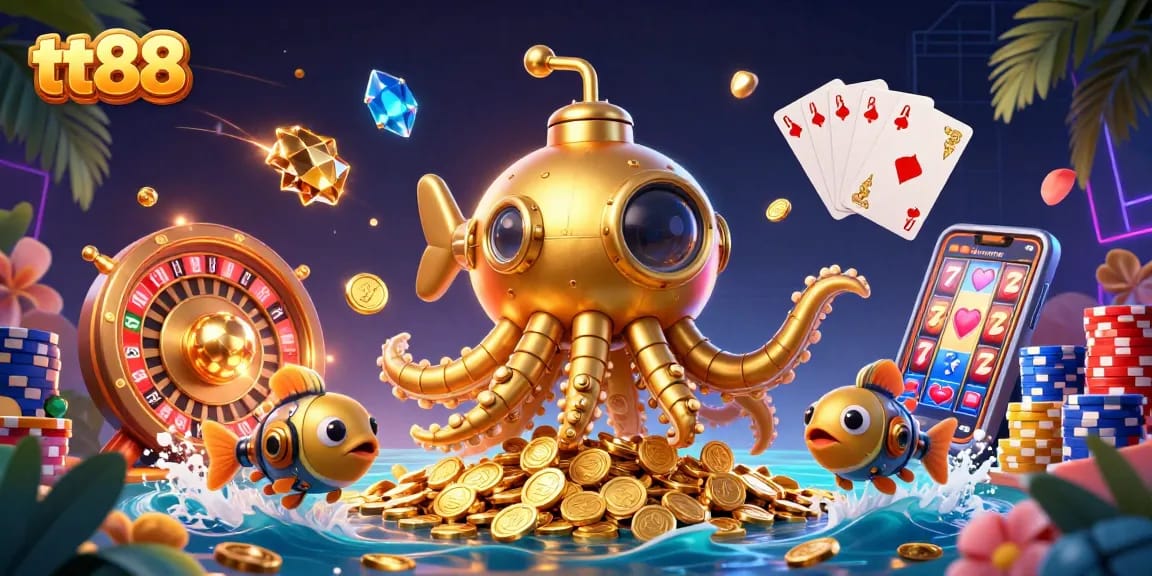 Experience gaming excitement with tt88, featuring a vibrant 3D casino scene of a golden kraken and mechanical fish.