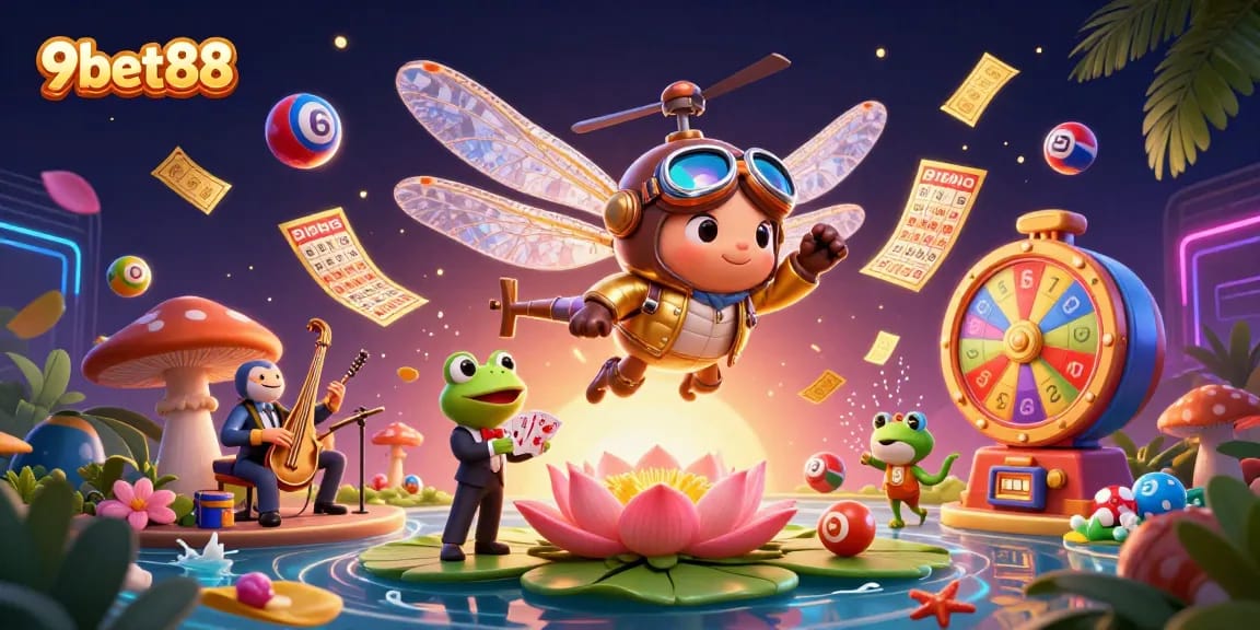 Engage in the thrilling world of 9bet88 at a colorful lily pad casino with vibrant game elements.