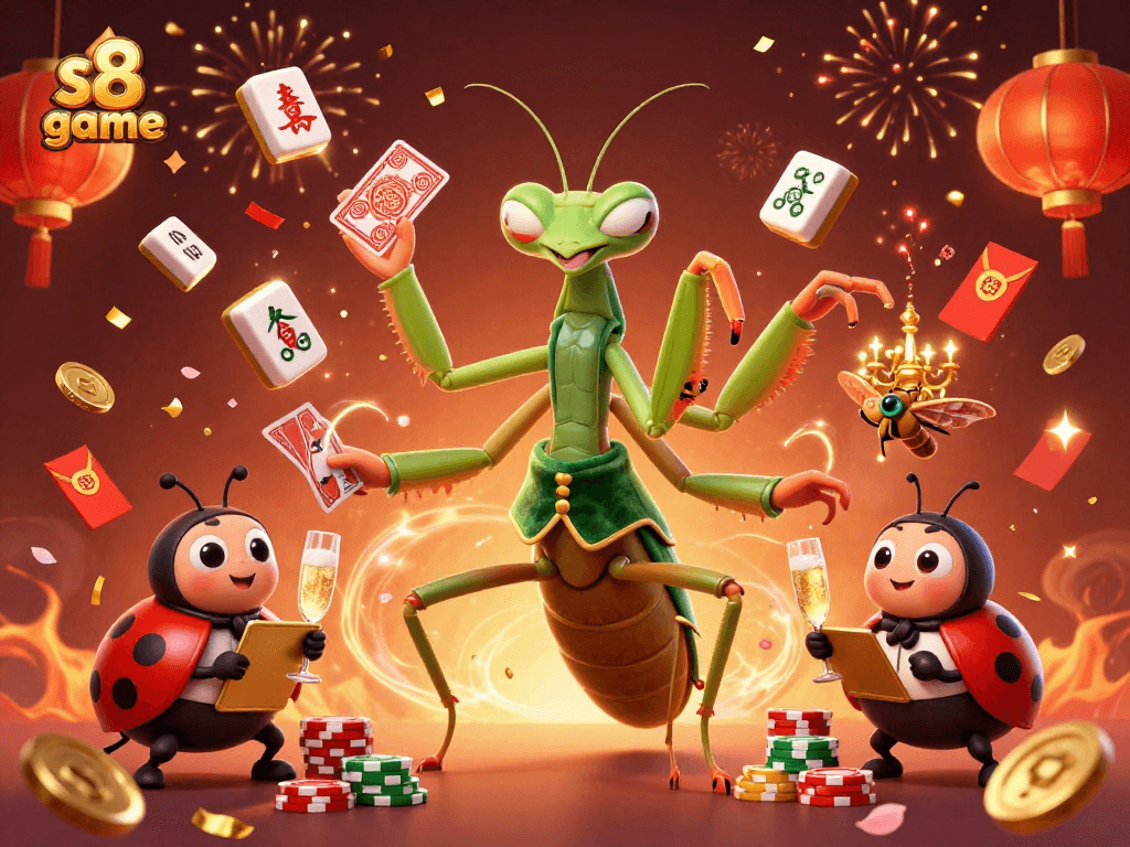 Engage in the thrilling s8 game with a giant mantis dealer and vibrant casino elements.