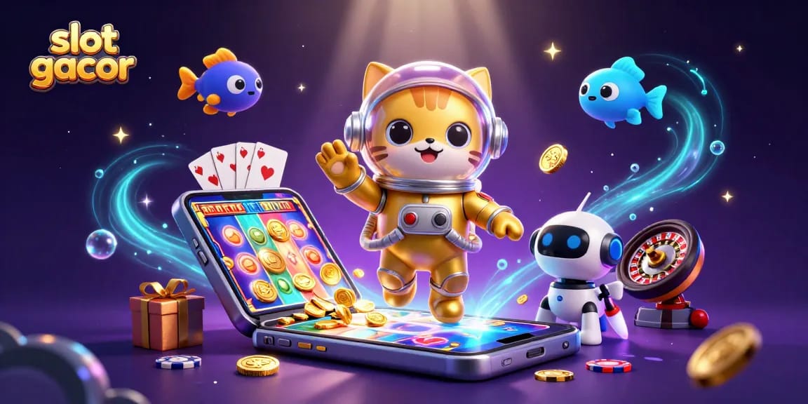 Engage with slot gacor excitement through a vibrant 3D scene full of dynamic casino elements and characters.