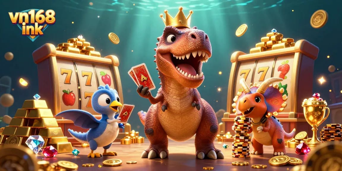 Engage with thrilling casino action at vn168 ink, featuring a T-Rex dealing cards amid dynamic slot games.