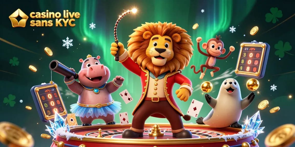 Jouez au casino live sans KYC avec cette illustration dynamique de personnages colorés et d'éléments de jeu excitants.
