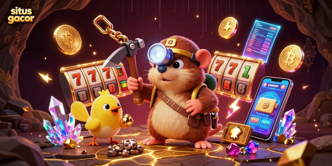 Experience the thrill of situs gacor with a treasure hunter mole in a vibrant casino scene full of jackpots.