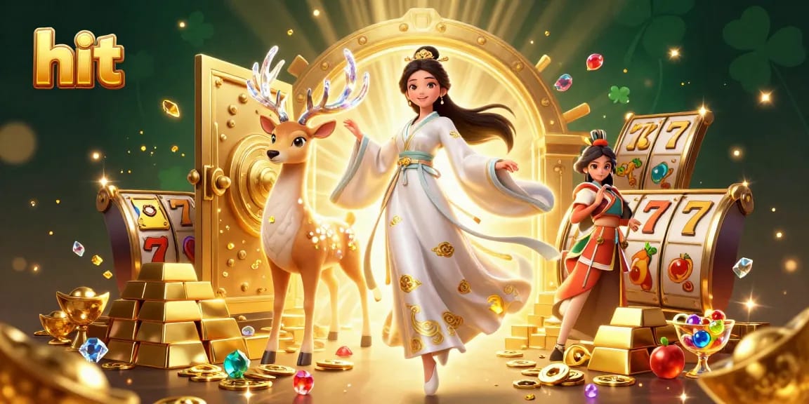 Hit the jackpot with a stunning casino-themed scene featuring a floating Asian woman surrounded by sparkling treasures.