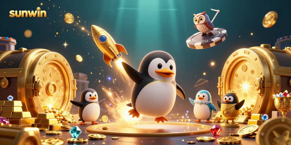 Engage with sunwin's dazzling gaming experience as a golden penguin crafts fortune amidst treasures in a vibrant casino.