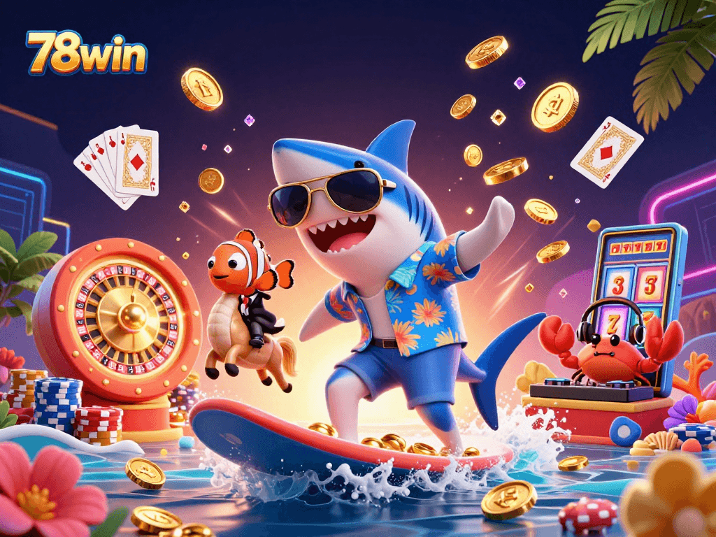 Join the thrill with 78win in this vibrant casino scene as you surf through gold coins and jackpots!