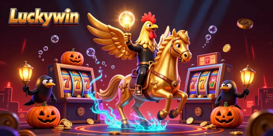 Spin to win at Luckywin's vibrant casino with a golden rooster and magical companions!