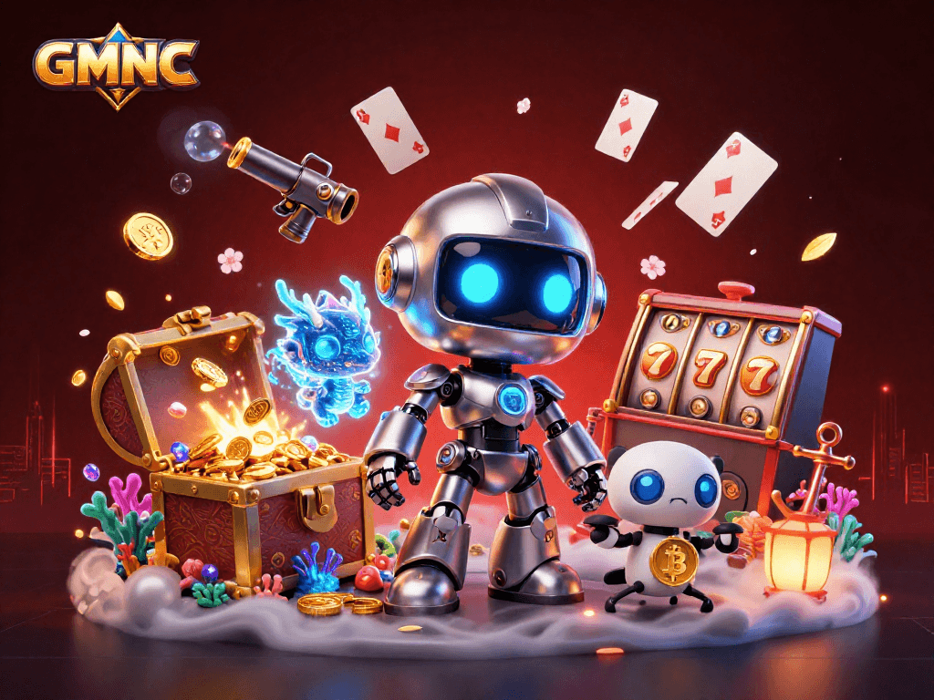 Engage with GMNC's thrilling casino world through a vibrant 3D scene filled with exciting game elements.