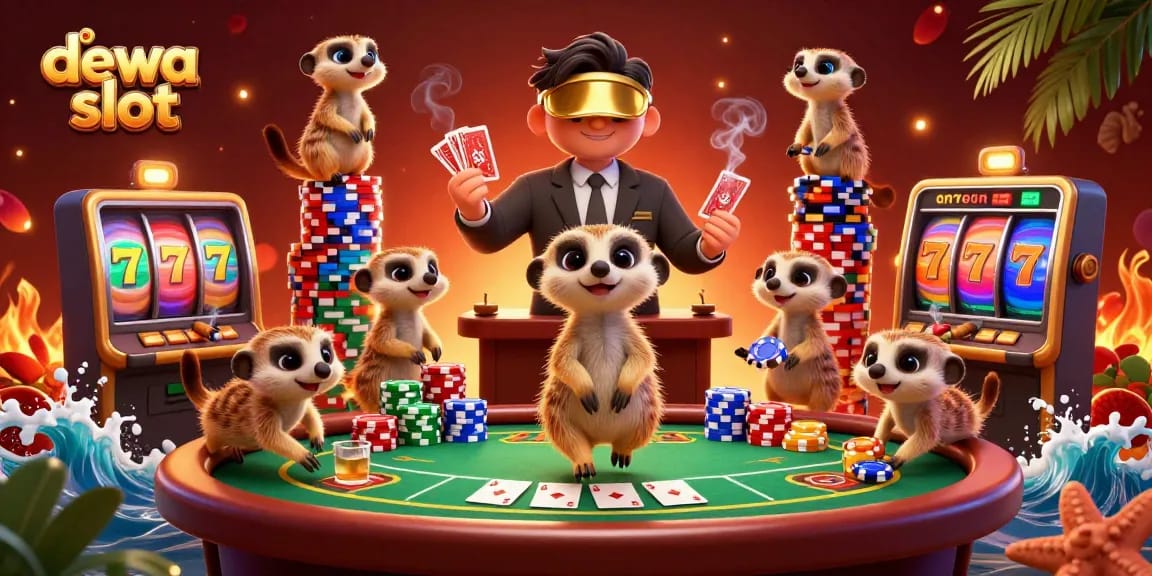 Experience the thrill of dewa slot with animated meerkats overseeing a vibrant casino operation.