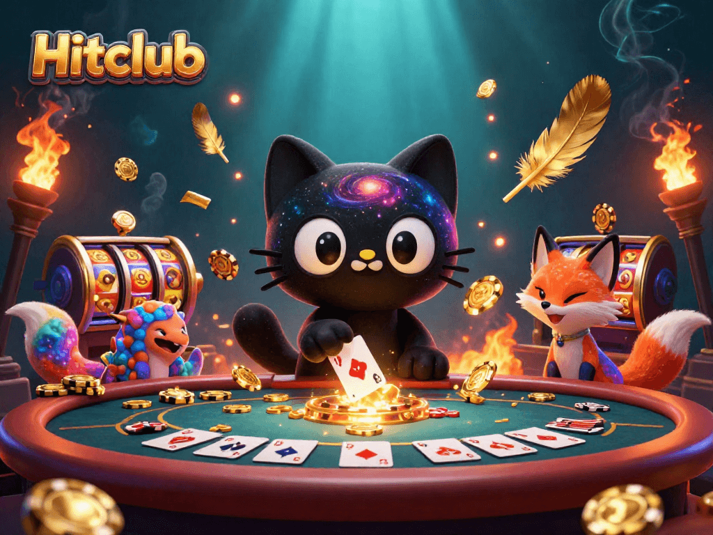 Engage with Hitclub's vibrant cosmic casino scene showcasing a black hole cat and nebula fox with golden chips and cards.