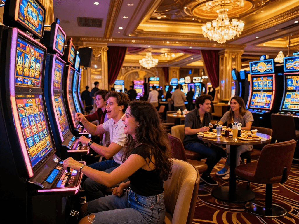 Exciting slot gacor gaming scene with friends celebrating at a vibrant casino slot machine area, capturing joy and camaraderie.