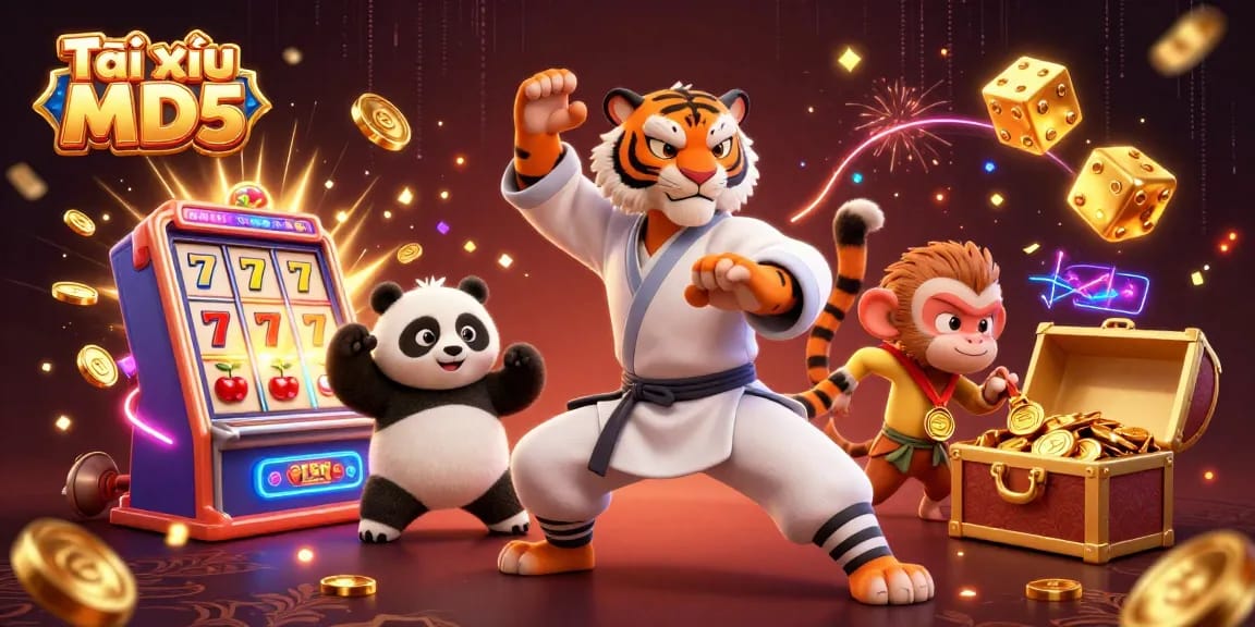 Tài xỉu MD5 game illustration depicting a dragon master and panda disciple playing amidst vibrant jackpots