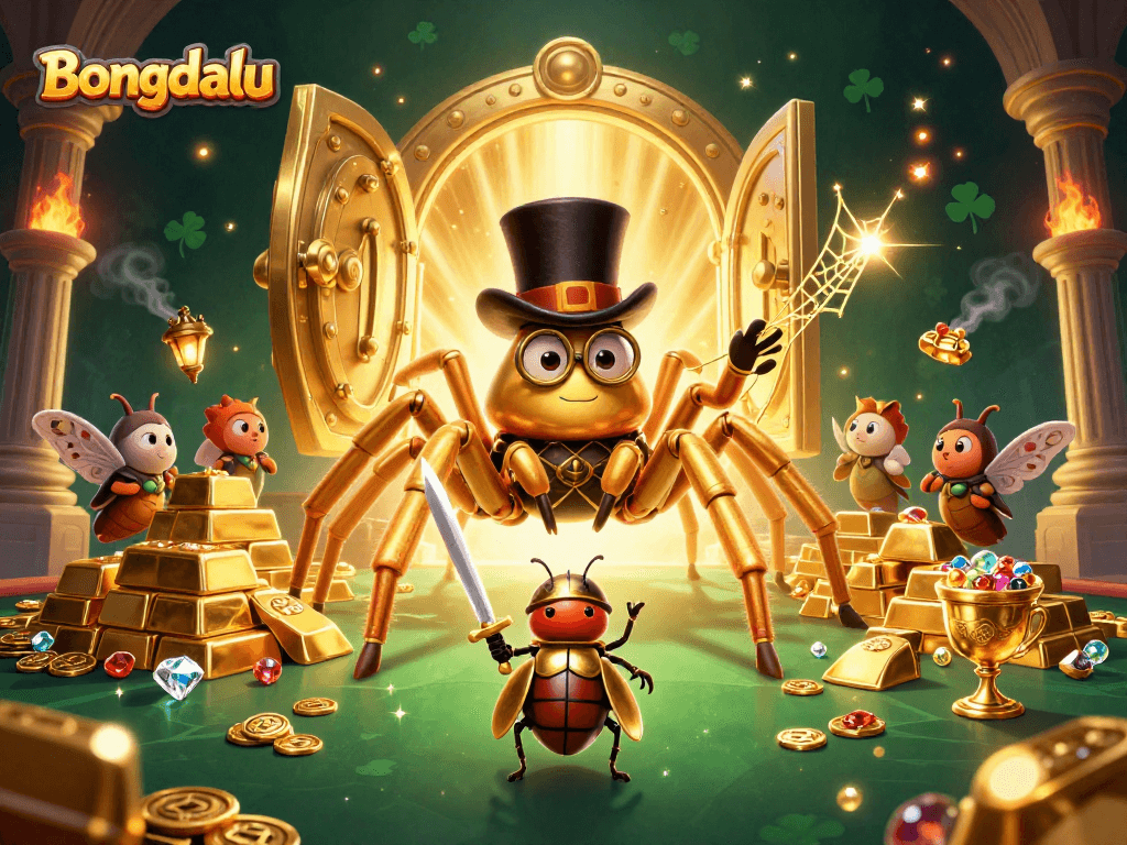 Bongdalu features a vibrant 3D illustration of a brave beetle knight facing a golden tarantula weaving webs in a casino.
