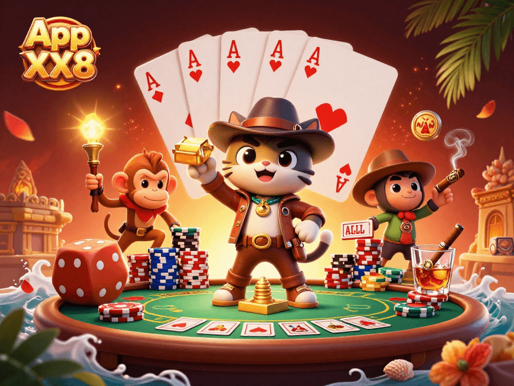 Experience the thrill of App XX8 with a dynamic 3D scene showcasing an adventurous cat and monkey in a vibrant casino