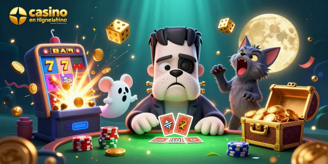Le casino en ligne retrait instantané offre une expérience palpitante avec un bulldog Frankenstein dealer de cartes entouré de personnages fantastiques.