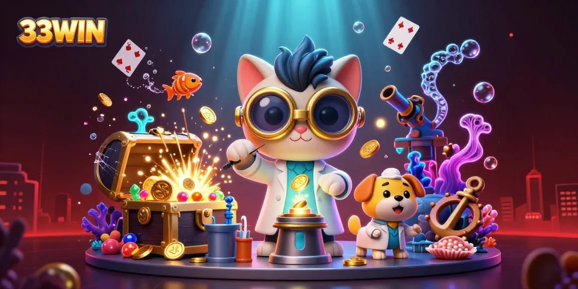 Experience the thrill at 33WIN with vibrant casino elements and engaging characters bringing luck to players.