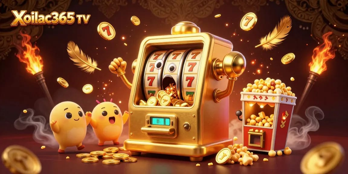 Xoilac365 TV showcases a golden slot machine hitting a jackpot with baby slot machines cheering, enriching the online casino experience.