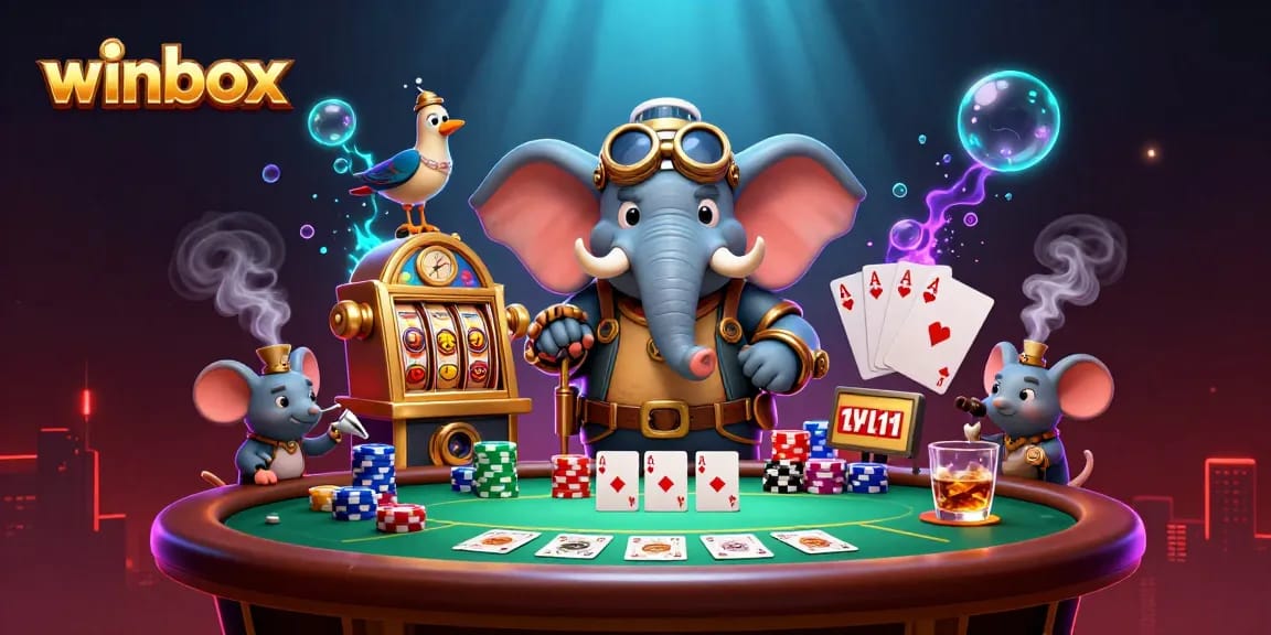 Spin the winbox slots with a steampunk elephant and colorful poker chips.