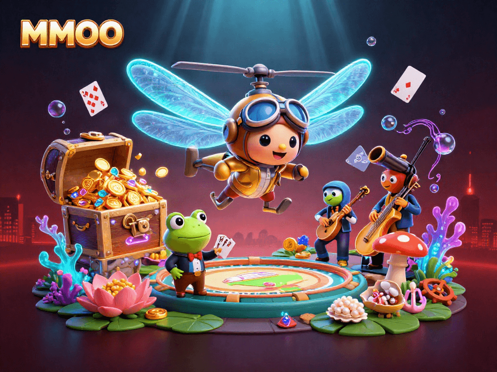Experience the vibrant world of MMOO with dynamic casino-themed 3D characters in action.