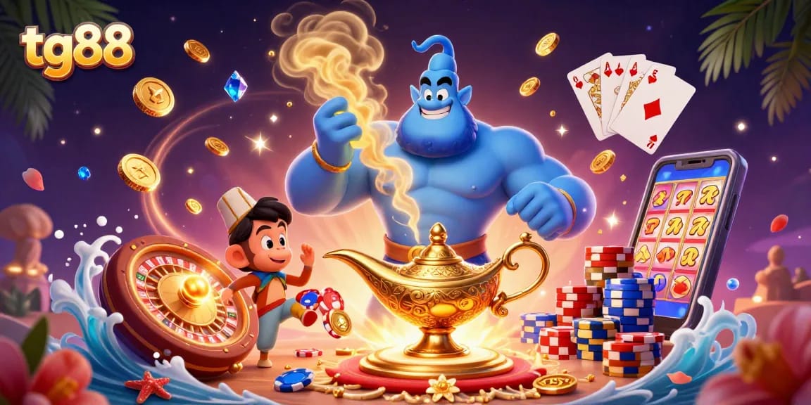 Spin and win at tg88 with a vibrant 3D scene featuring a genie, poker chips, and dazzling casino elements.