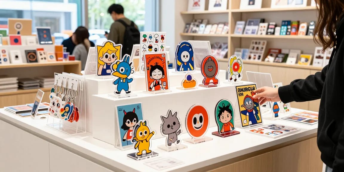 Custom acrylic stand displayed in an inviting shop setting with vibrant designs, showcasing diverse products.