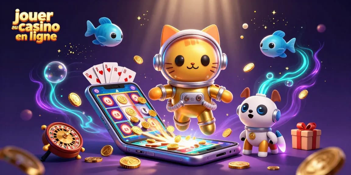 Jouer au casino en ligne avec des personnages de chat astronaute et un chien robot dans un univers coloré.