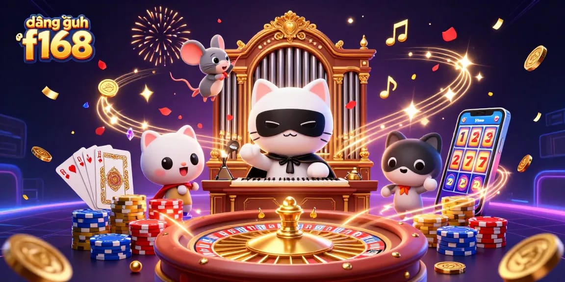 Experience đăng nhập f168 with dazzling casino characters amidst golden coins and vibrant gaming elements.