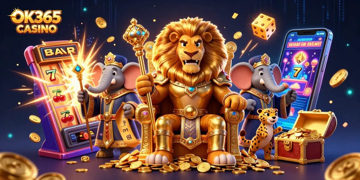 Spin the reels at OK365 CASINO with vibrant slot machines, treasures, and exciting casino characters.