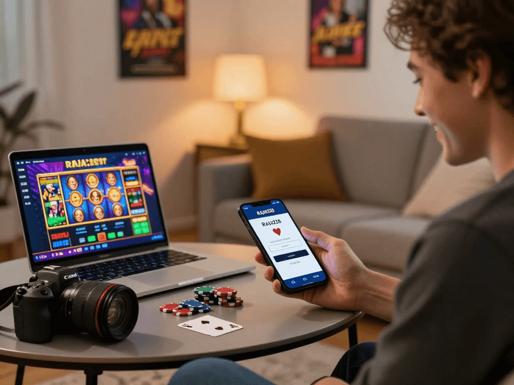 Accessing login raja328 on a mobile device in a cozy home setting with vibrant casino graphics and gaming paraphernalia.