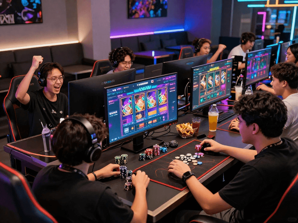 Exciting gaming scene featuring players at slot gacor terminals, showcasing vibrant graphics and camaraderie in a modern lounge.