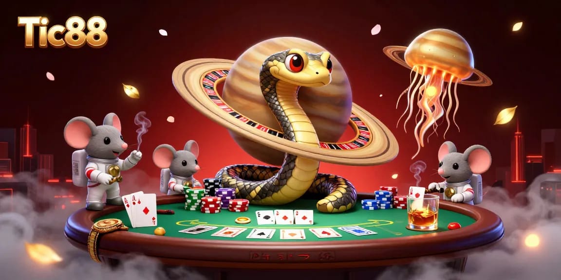 Tic88 offers vibrant casino betting with animated characters in a cosmic scene of poker and roulette.