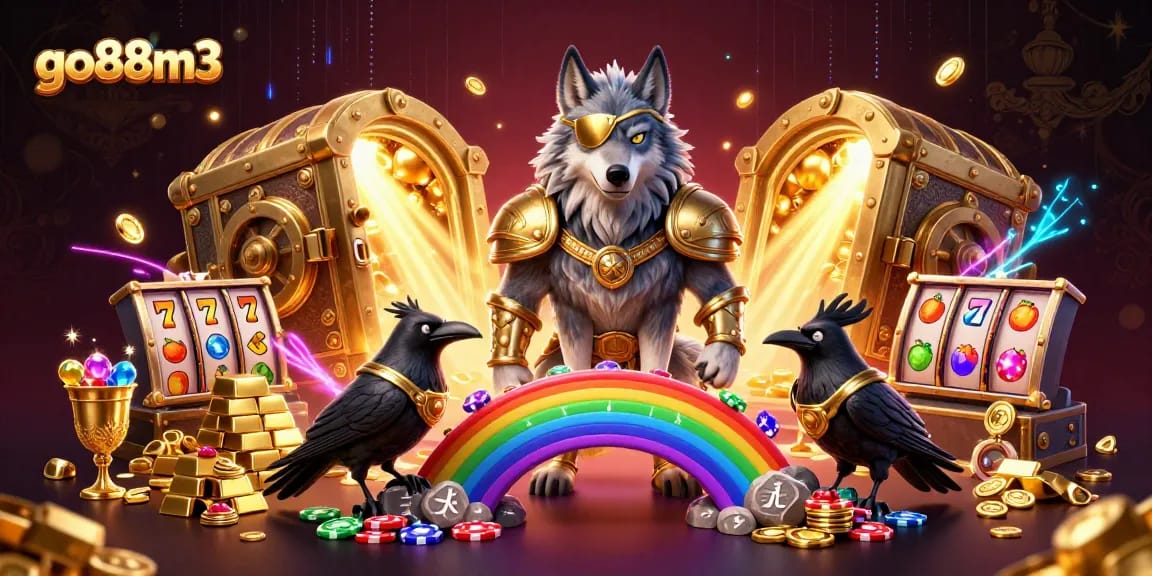 Win big with go88m3 in this vibrant 3D casino scene featuring Norse characters and slot reels.
