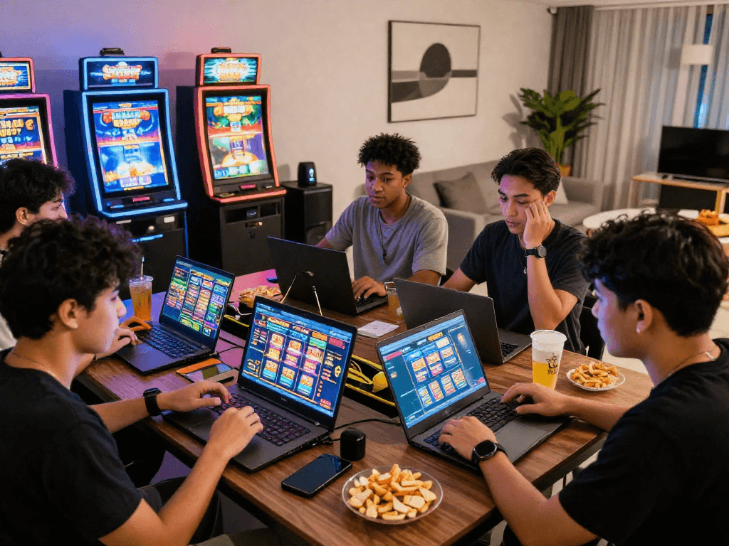 Group enjoying slot gacor strategy discussions in vibrant gaming setup