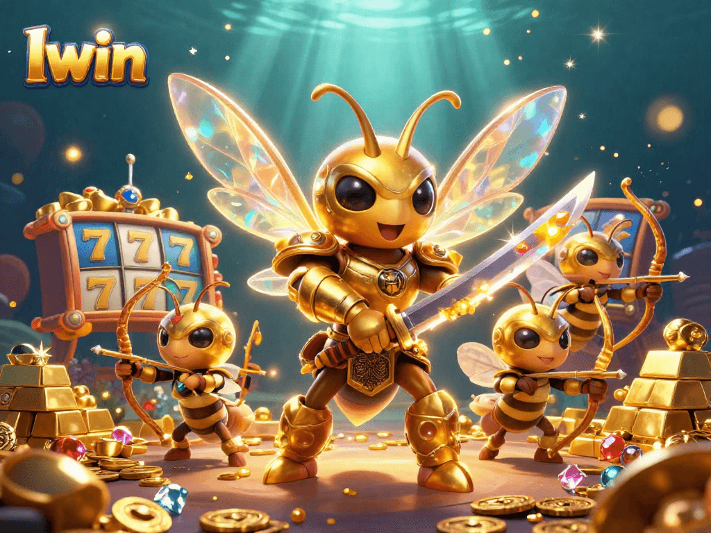Iwin invites players to experience vibrant slot action with golden treasures and cartoon characters.