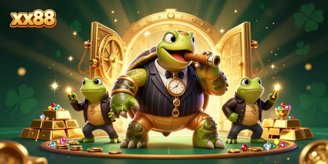 xx88 offers exciting casino gaming with a vibrant scene featuring a snapping turtle in a mobster suit.