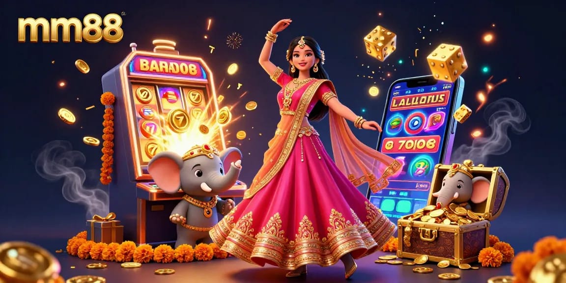 Win big with mm88 in a vibrant casino scene featuring an Asian woman in an Indian lehenga and a bejeweled elephant.